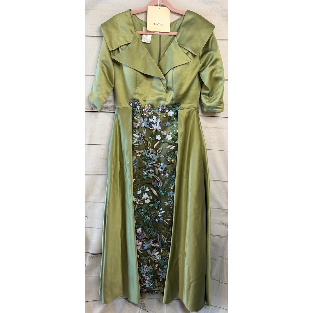 LanTing TS Couture Sage Green Satin Floral Beaded Sequin Evening Gown Dress Gala